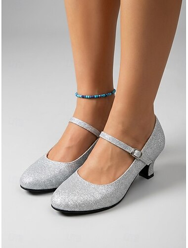  Scarpe da ballo da sala da donna con glitter argento – classiche Mary Jane con tacco standard per il ballo