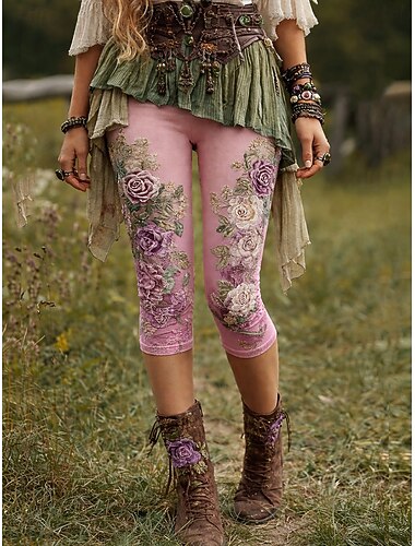  Naisten Kiinalainen Leggingsit Loma Muoti Katutyyli Capris Korka vyötärö Kukka Kuvitettu Mukavuus Pehmeä Mukava Elastinen Päivittäin ulko- Loma Sininen Vaaleanpunertava Apila Kesä Kevät Syksy