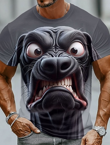  Herren-T-Shirt mit 3D-Print eines wütenden schwarzen Hundes, hyperrealistisch, lustig und mit Allover-Print. Rundhalsausschnitt, normale Passform, Streetwear, Casual, Designer-Kleidung, Größen S, M,