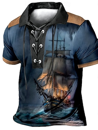  Pánské Loď Polokošile Krátký rukáv Polo tričko Klopa Vinobraní Na běžné nošení Streetwear Denní nošení 3D tisk Prodyšná síťovina Jaro léto Vodní modrá