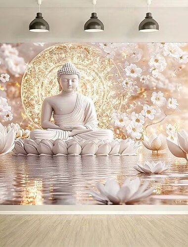  statua di Buddha zen in meditazione fiore di loto bianco fiori di ciliegio mandala dorato riflesso dell'acqua pace spirituale arazzo da parete sfondo da appendere per meditazione stanza yoga soggiorno