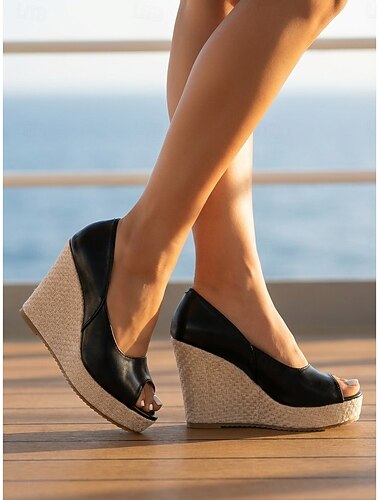  סנדלי פלטפורמה שחורים לנשים עם בוהן פתוחה - נעלי עקב גבוהות עם סוליה ארוגה לקיץ לחופשות שייט, טיולי חוף וארוחות ערב אלגנטיות