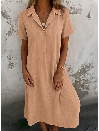  Damen Midikleid Freizeitkleid Baumwoll-Leinenkleid Elegant Mode Modern Outdoor Urlaub Ausgehen Normale Passform Einfach Kurzarm Hemdkragen Blau Schwarz Orange Grün Sommer Frühling