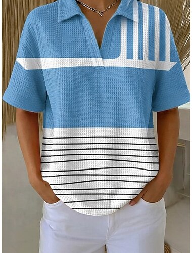  Femmes Chemise gaufrée Chemise Décontractée Hauts d'été Graphique Géométrique ancien Élégant Manche Courte Hauts Réguliers Quotidien Extérieur Bureau Blanc et bleu Arc-en-ciel Été Printemps Automne