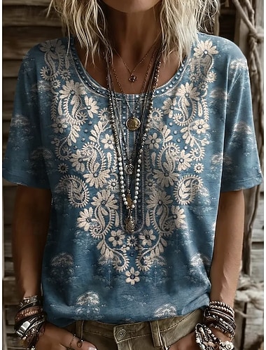  Dámské Tričko Tisk Květinový Grafika Rostliny Vinobraní stylové Na běžné nošení Krátký rukáv Do V Běžné topy Ležérní Denní Víkend Vodní modrá Žlutá Rubínově červená Hnědá Léto Jaro