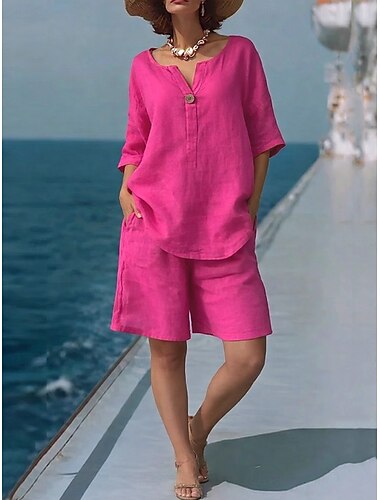  Dames Shorts Sets 3/4 mouw V-hals Effen Kleur Modieus Streetwear Casual Dagelijks Buiten Fuchsia Zomer Normale pasvorm
