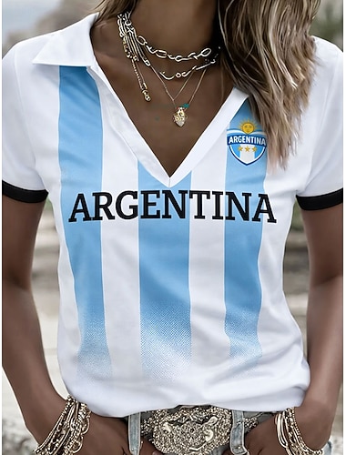  Damen T Shirt Farbblock Druck Grafik Fussballteam Stilvoll Klassisch Lässig Kurzarm V Ausschnitt Polokragen Normale Oberteile Täglich Sport Ausgehen Blau Sommer Frühling