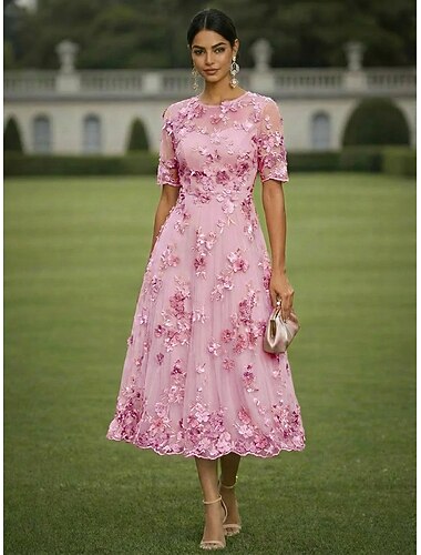  A-Linie Kleid Knöchellänge Tee-Länge Partykleid Cocktailkleid Brautmutterkleid Kurzarm Rundhalsausschnitt Illusionsausschnitt Elegant Vintage luxuriös Formell Hochzeitsgast Kentucky Derby Chiffon Tüll