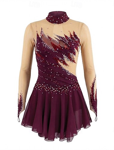 Abito da pattinaggio artistico Per donna Ragazze Pattinaggio sul ghiaccio Vestito Fucsia Patchwork Foro per il pollice Spandex Rete Elasticizzato Professionale Allenamento Competizione Vestiti da