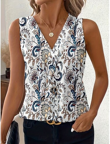  Femmes Débardeur Fleuri Graphique Élégant ancien Classique Sans manches Col en V Hauts Réguliers Occasionnel Quotidien Bleu Orange Kaki Été Printemps
