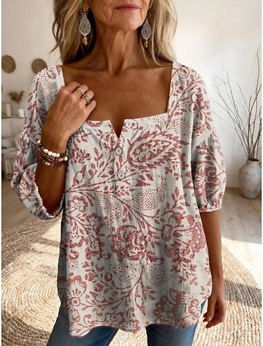  Naisten Pusero Painettu Kukka Kuvitettu Päivittäin Tyylikäs Perus Puolihiha Nelikulmainen kaula-aukko Tavalliset topit Päivittäin Valkoinen Punastuvan vaaleanpunainen Rubiini Vaalean ruskea Apila