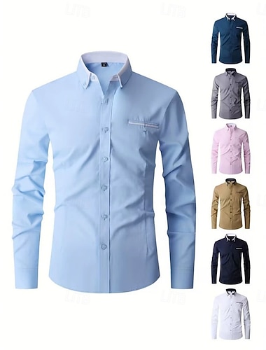  Férfi Ing Gombos póló Tömör szín Szabadtéri Üzleti Medence Fekete Fehér Rózsaszín Hosszú ujj Térfogatcsökkenés Nyár Tavasz Ruházat Gombok