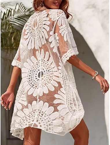  Damen Badeanzug Überwurf Bademode Spitze Urlaub Strandbekleidung Blumen Langarm Badeanzüge