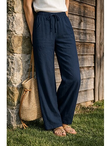  Pantaloni da donna taglie forti 100% cotone a gamba larga, ideali per vacanze, basic, casual, per tutti i giorni, lunghezza intera, vita alta, tinta unita, coulisse, gamba larga, comodi, ad asciugatura rapida, morbidi, anelastici, grigi, neri, bianchi