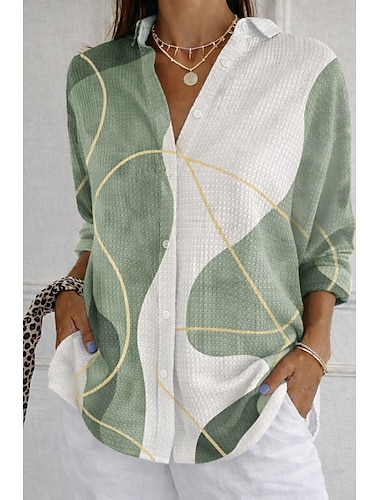  Dame Skjorte Vaffelskjorte Uformell skjorte Grafisk Geometrisk Elegant Ferie Årgang Langermet Lange topper Lysegrønn Rosa Regnbue Sommer Vår Høst Vinter