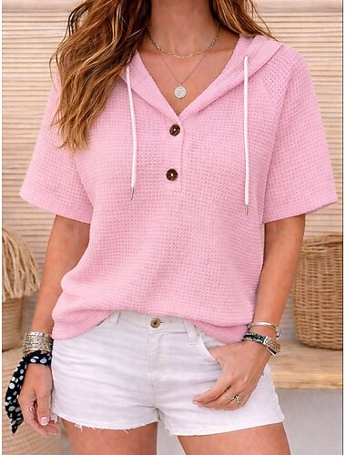  Dames Overhemd Wafel Shirt Blouse Lapwerk Knop Effen Kleur Effen Elegant Stijlvol Klassiek Mouwloos Korte mouw Capuchon Normale tops Casual Dagelijks Feestdagen Lichtgroen Blozend Roze Licht Paars