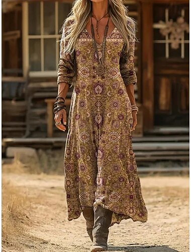  Női Maxiruha Nyári ruha nyári ruha Szabadság Alkalmi Boho Napi Tengerpart Alkalmi Normál Virágos Grafika Színes Hosszú ujj V-alakú Sötétbarna Világosbarna Fukszia Nyár Tavasz