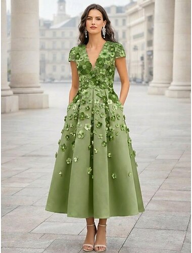  A-vonalú Hosszú Midi Koktél ruhák Elegáns Szüret Virágos Rövid ujjú V-alakú Kerti parti Esküvő Rózsaszín ruha Szatén Tüll val vel Hímzett virág Rakott Hímzés