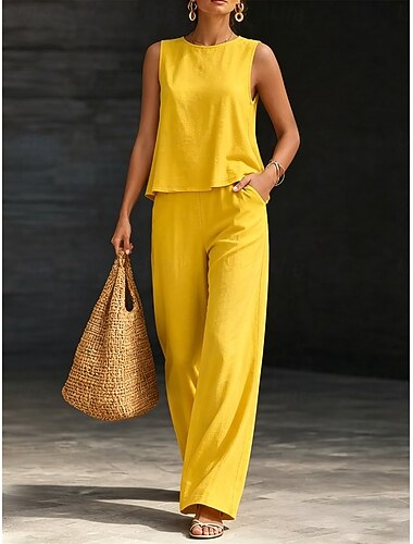  Naisten Puuvillaset liinavaatteet Kaksiosaiset setit Pusero Hihaton Tiukka pyöreä kaula-aukko Pyöreä kaula-aukko Yhtenäinen väri Tavallinen Tyylikäs Muoti Katutyyli Kausaliteetti Päivittäin ulko-