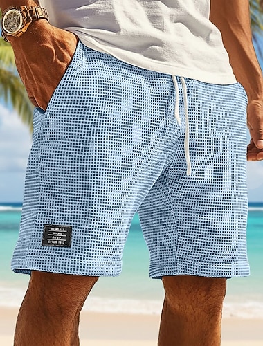  Herren Waffel-Shorts Sommershorts Strandshorts Freizeitshorts Kordelzug Elastischer Bund Einfarbig Komfort Knielang Täglich Outdoor Streetwear Urlaub Mode Blau Weiß Mikroelastisch