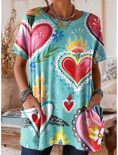  Dame T skjorte Trykt mønster Nyanse Blomstret Grafisk Årgang Stilfull Fritid Kortermet Crew-hals Lange topper Daglig Helg Blå Svart Gul Sommer Vår