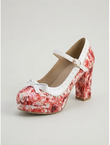  kvinners blomstrete platåsko med Mary Jane-mønster og blokkhæl, pensko med rund tå og stropper til hageselskaper og teselskaper &utendørssamlinger