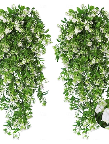  4 pezzi di fiori artificiali pendenti per decorazioni esterne, piante finte pendenti, fiori bianchi artificiali, viticci verdi in plastica resistenti ai raggi UV, edera adatta per decorazioni di feste
