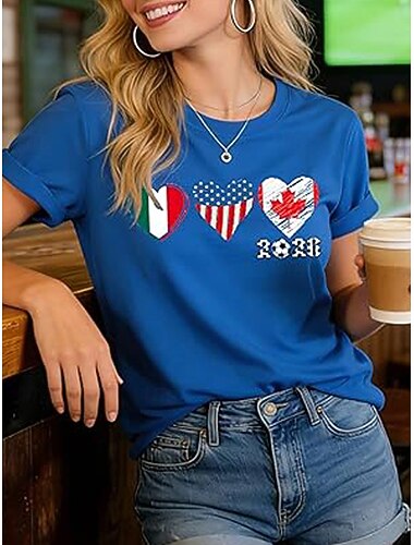  Damen T Shirt Druck Herz Grafik Fussballteam Stilvoll Klassisch Lässig Kurzarm Rundhalsausschnitt Rundhals Normale Oberteile Lässig Täglich Blau Schwarz Weiß Rote Sommer Frühling
