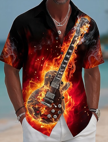  Herre Gitar Musikkinstrument Brann Skjorte Skjorte med knapper Camp skjorte Kortermet Vintage retro musikk festival Ferie Sommer Vår cubansk krage 3D-utskrift Svart / Oransje Oransje