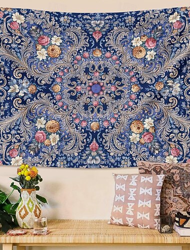  vintage barokk virágos sötétkék mandala filigrán medál rózsa fali kárpit nappaliba, hálószobába, kollégiumi esztétikus otthoni faldekoráció, függő hagyományos dísz