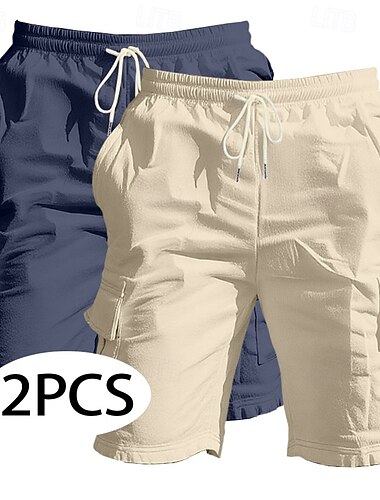  Herr Cargo-shorts Linne Shorts Sommarshorts Beach Shorts Snörning Elastisk midja Flera fickor Slät Komfort Andningsfunktion Knelängd Dagligen Utomhus Strand Semester Mode Vit + Grön Vit+marinblå