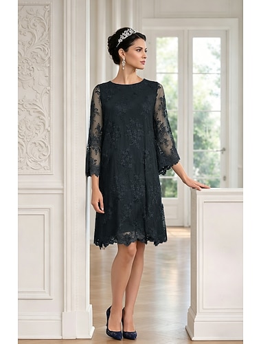  Fourreau Colonne Court Mini Robe de Soirée Robe de Cocktail Robe d'invité de mariage Robe de Mère de Mariée  Manche 3/4 Bijoux Élégant robe demoiselle d honneur Fête de mariage Dentelle Tulle avec