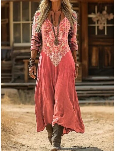  Dames Maxi-jurk Zonnejurk Zomerjurk Vakantie Casual Boho Dagelijks Ruim Passend Grafisch Kleurenblok Etnisch Lange mouw V-hals Blozend Roze Oranje Groen Licht Oranje Zomer Lente