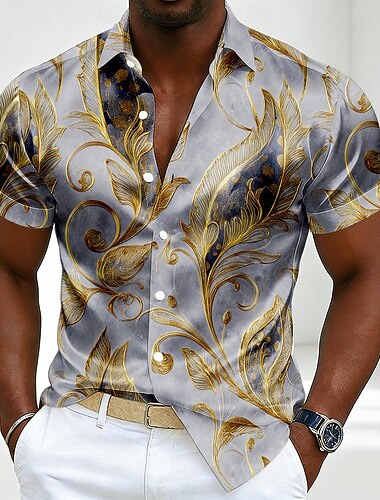  Homme Paisley Imprimé Floral Ethnique Chemise Chemise en satin Chemise habillée Manche Courte Vintage Rétro Quotidien Vacances Été Printemps Col Rabattu Impression 3D Chemises boutonnées Gris