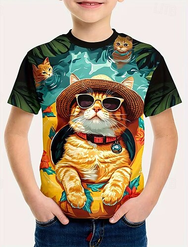  Para Meninos 3D Gráfico Animal Gato Camisa Camiseta Manga Curta Impressão 3D Verão Primavera Esportes Moda Roupa de rua Infantil 5-12 anos Gola Redonda Casual Diário Ao ar livre Normal