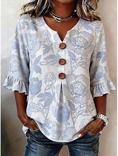  Damen Hemd Blumen Grafik Vintage Stilvoll Langarm V Ausschnitt Normale Oberteile Lässig Täglich Ferien Gelb + Pink Khaki + Weiß + Grau Grün Leicht Blau Sommer Frühling