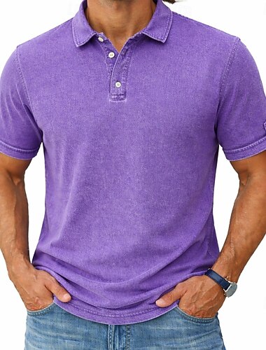  Herre Polo skjorter 100% bomuldssyre-vaskeskjorte Afslappet Ferie Knaphul Kortærmet Mode Basale Vanlig Med Tekstur Knapper Årgang Sommer Forår Blå Lilla Grøn Kakifarvet Grå Polo skjorter