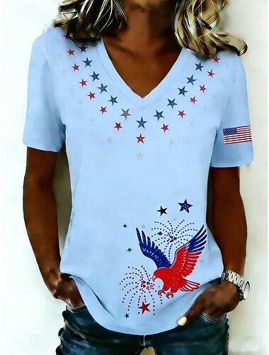  Amerikaanse onafhankelijkheidsdag Dames T-shirt Afdrukken Grafisch Amerikaanse vlag Vintage Stijlvol Klassiek Korte mouw V-hals Normale tops Dagelijks Weekend Wit Licht Blauw Zomer Lente