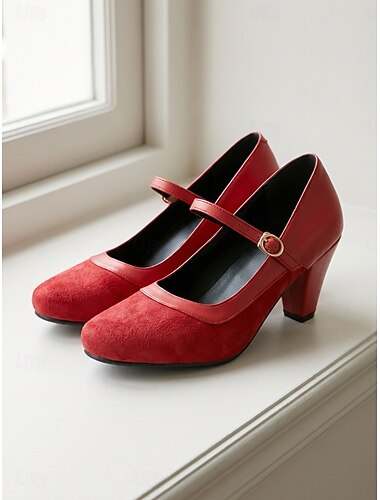  أحذية ماري جين حمراء بكعب عالٍ بتصميم كلاسيكي من خمسينيات القرن الماضي - أحذية أنيقة بكعب عريض ومقدمة مستديرة مع حزام للكاحل، مثالية للحفلات ذات الطابع القديم وحفلات الزفاف. &أزياء الفتيات الجميلات