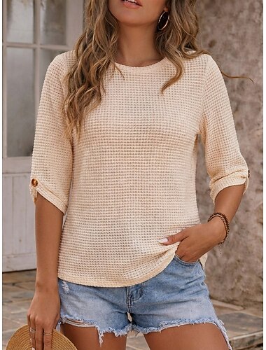  Dames Wafel T-shirt T-shirt Effen Kleur Elegant Vintage Stijlvol Halve mouw Strakke ronde hals Normale tops Casual Uitgaan Zwart Abrikoos Zomer Lente