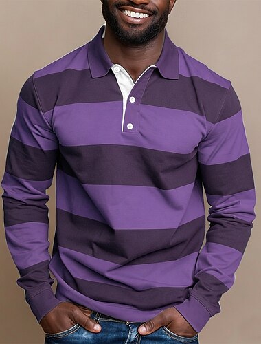  Herre Horisontale strimler Rugby Polo Langærmet Polo skjorter Skjorter med krave Sportstøj Afslappet udendørs Skole atletiktøj 3D-udskrivning Forår Efterår Blå Lysegrøn Lilla