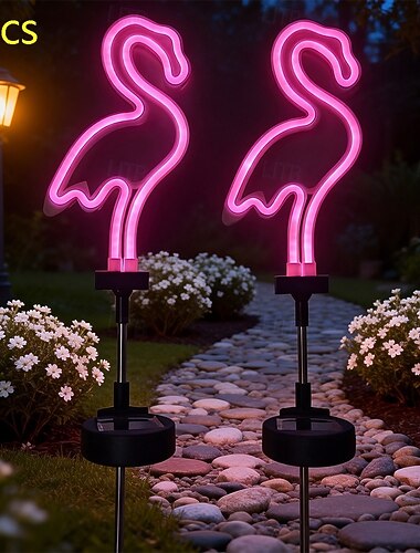 2 luci a LED solari da esterno a forma di fenicottero rosa neon, impermeabili, decorative, ideali per giardino, cortile, parco, patio, prato, estate, villa, feste e matrimoni.