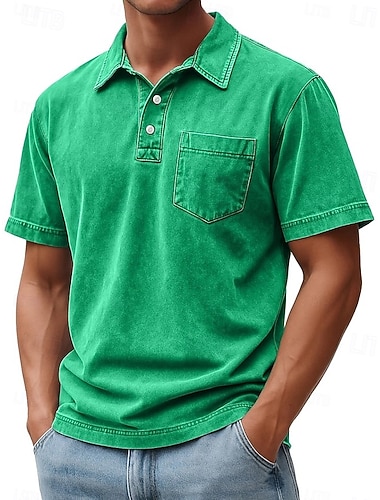  Herren Poloshirts Hemd aus 100 % Baumwolle in Säurewaschung Lässig Ferien Revers Kurzarm Mode Basic Einfach Jahrgang Betrübt Sommer Frühling Ganzjahres Normale Passform Blau Schwarz Marineblau Grün