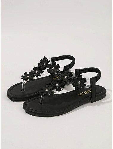  Elegante zwarte platte sandalen voor dames met bloemenprint - comfortabele sandalen met bandjes en 3D-bloemenapplicatie, perfect voor cruisevakanties en zomerse resortkleding. &avondwandelingen over