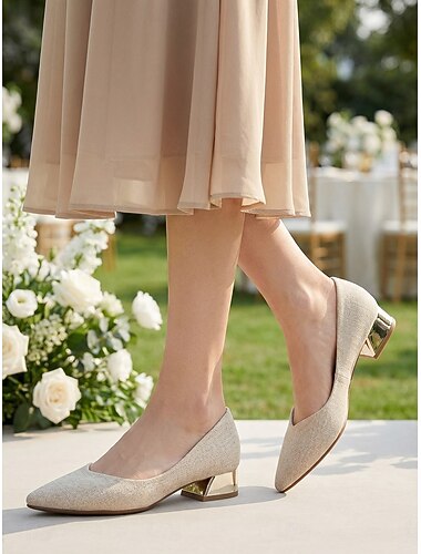  Champagnekleurige pumps met blokhak voor dames – elegante pumps met spitse neus en metallic hak voor de moeder van de bruid, tuinbruiloft &formele evenementen