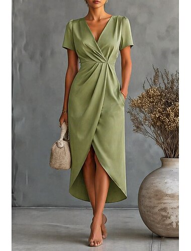  בגדי ריקוד נשים שמלת מידי שמלת סאטן השמלה המפלגה שמלת קוקטייל אלגנטית אופנתי רומנטי מפלגה חתונה אורחת חתונה רגיל אחיד שרוולים קצרים צווארון V שחור שמפניה יין תלתן קיץ אביב