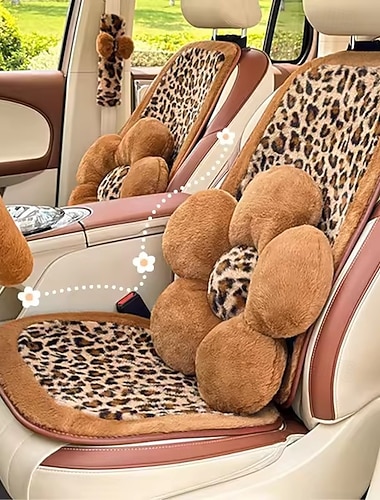  Set autostoelhoezen met luipaardprint, schattige pluche imitatiebont auto-interieurdecoratie voor vrouwen en meisjes, lendensteunkussen met bloemenmotief, stuurwielhoes, gordelhoezen, esthetische