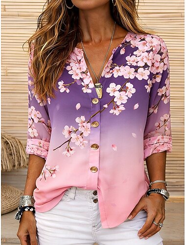  نسائي قميص سترة قمم الصيف Buttons ظل ورد الرسم العطلة يوميا 3/4 الكم V رقبة قمصان طويلة مناسب للبس اليومي مناسب للعطلات مناسب للخارج وردي بلاشيهغ أرجواني الصيف الربيع