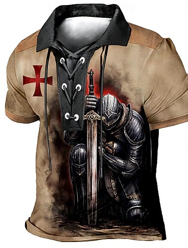  Per uomo Cavalieri Templari Polo Manica Corta Magliette polo Bavero Vintage Casual Abbigliamento casual alla moda Abbigliamento quotidiano Stampa 3D Tessuto retato traspirante Primavera & Estate Nero