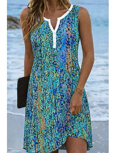  女性用 ミニドレス T シャツドレス サマードレス 旅行度假风 カジュアル 日常 祝日 レギュラー グラフィック 幾何学模様 ストライプ ノースリーブ Ｖネック ブルー ルビーレッド グリーン 夏